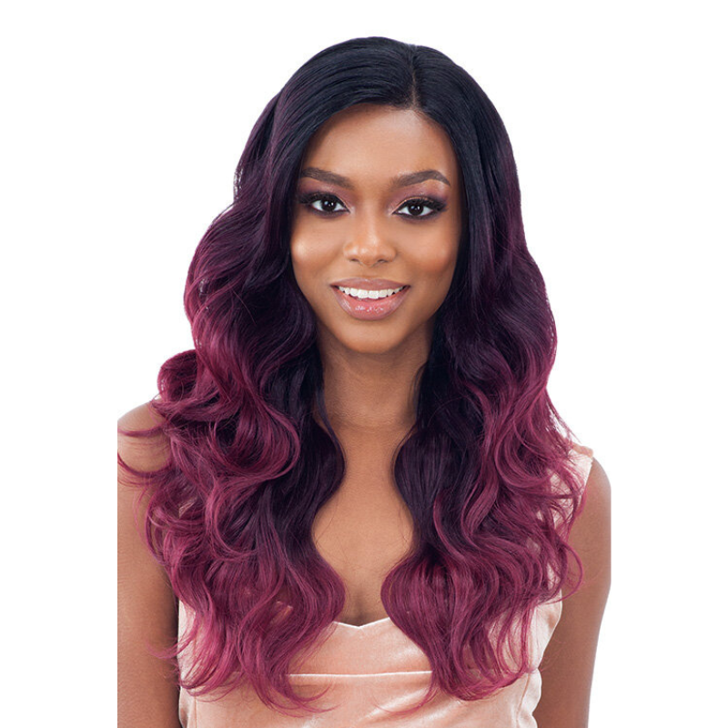 Shake N Go 16 inch body wave closure wig on model with center part dark roots to burgundy ombre waves