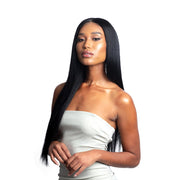 SHAKE N GO long sleek black wig on model featuring 4x4 straight lace closure for natural parting