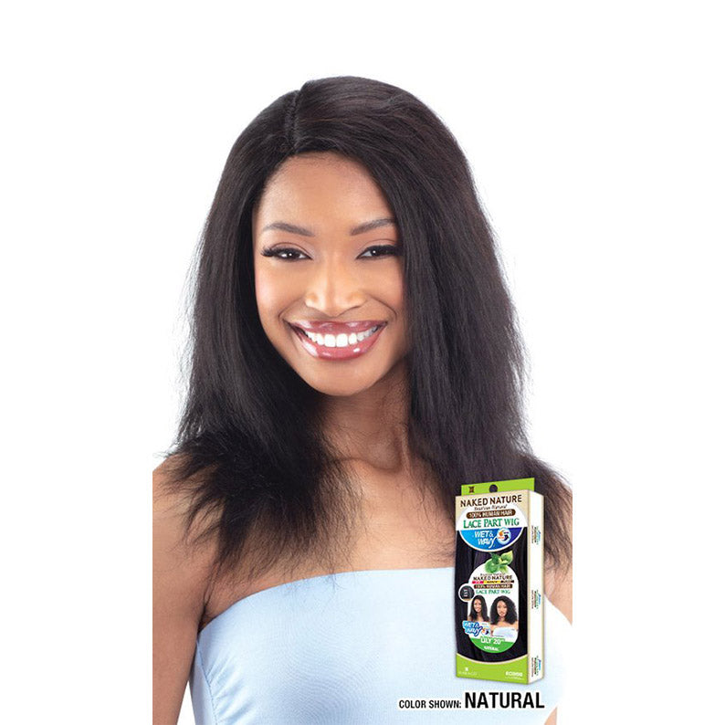 SHAKE N GO Brazilian human hair wet and wavy wig shown on smiling model with natural long center part and packaging
