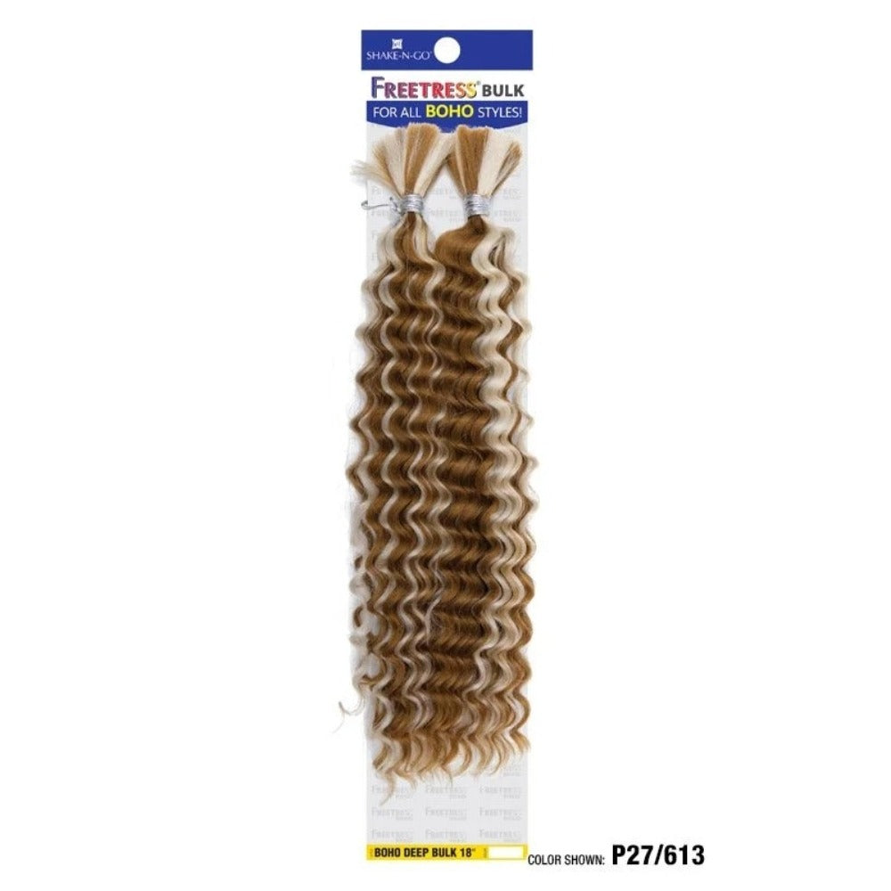 Shake N Go Freetress Boho Deep Bulk hair 18 inch three bundle deep wave synthetic hair in blonde highlights