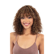 Shake N Go golden human hair wig shoulder length curly bob with bangs on smiling model