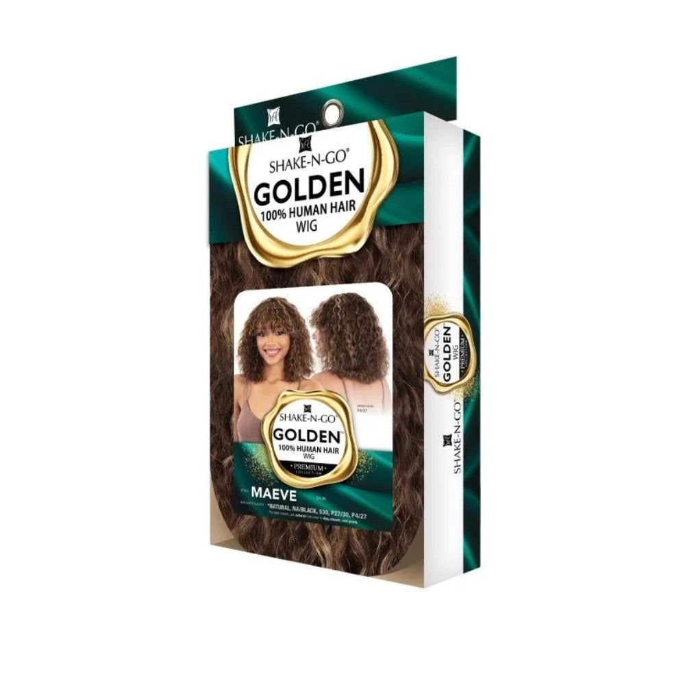 SHAKE N GO golden human hair wig packaging Maeve wavy brown mid length with bangs on retail box