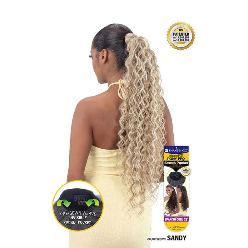 SHAKE N GO Spanish curl ponytail extension in sandy color with long pre-sewn weave and secret pocket