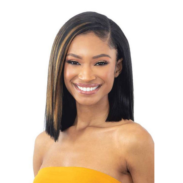 Shake N Go straight black bob with blonde highlights on model showcasing straight hair closure 12 inch