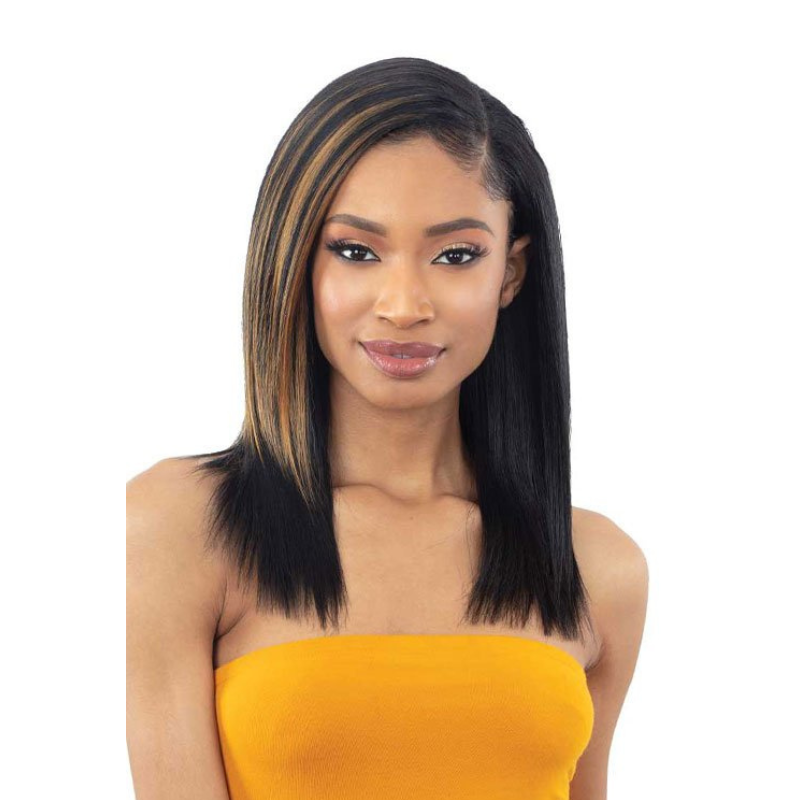 SHAKE N GO straight hair closure 12 inch on model side part sleek black bob with caramel highlights