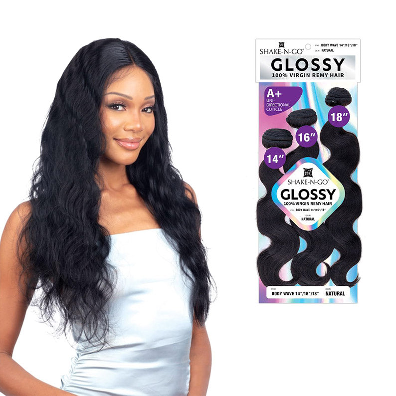 Shake N Go model wearing long black body wave wig beside packaged product showing virgin remy hair body wave 14 16 18