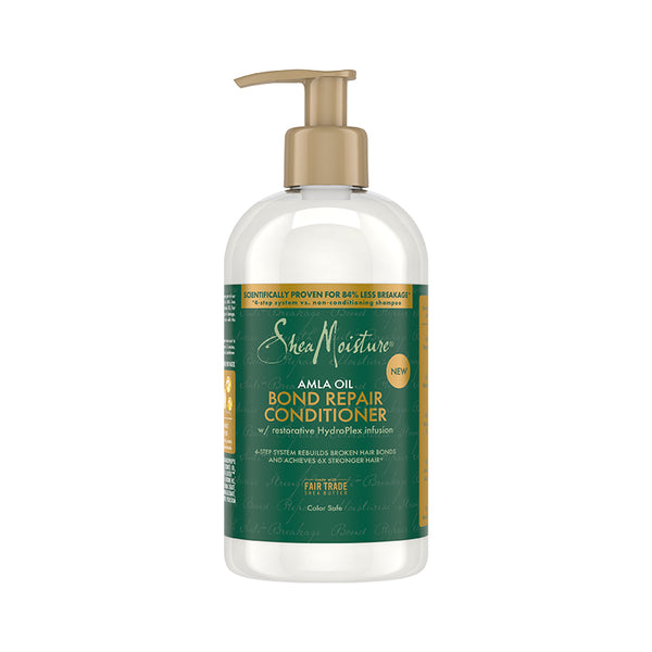 Shea Moisture Amla oil bond repair conditioner pump bottle with green label showing restorative hair treatment