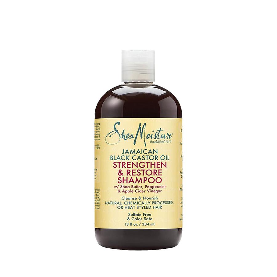 Shea Moisture Jamaican Black Castor Oil Shampoo bottle for strengthening and restoring hair