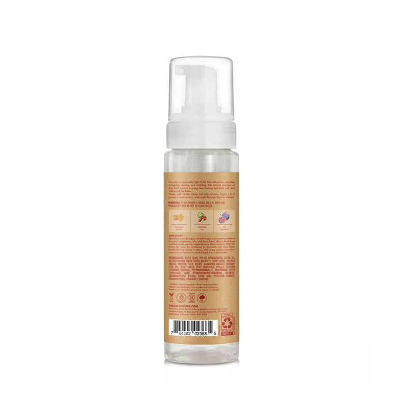 Shea Moisture hydrating hair mousse bottle back label with pump foam dispenser for moisturizing curls