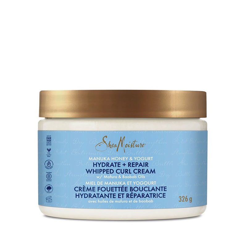 Shea Moisture Manuka Honey Curl Cream jar with blue label and gold lid for hydrate repair 326 g