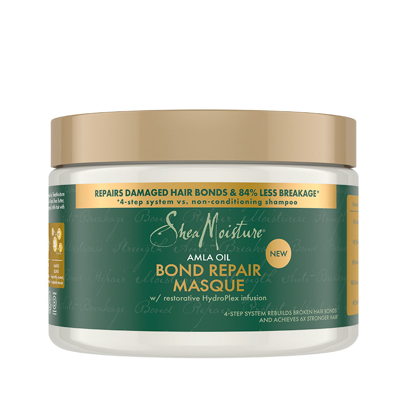 SheaMoisture amla oil bond repair masque jar with green label and gold lid for repairing damaged hair