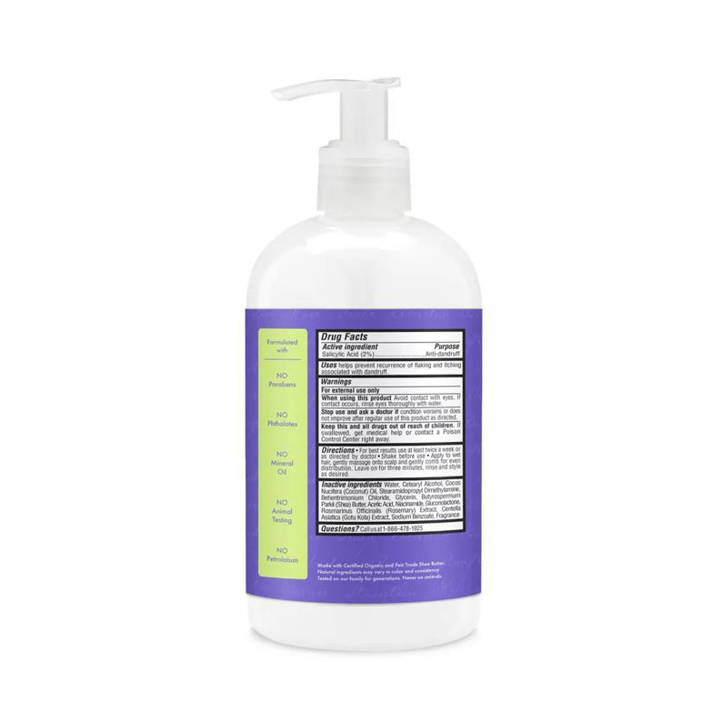 Shea Moisture apple cider vinegar anti-dandruff conditioner pump bottle showing purple label and drug facts