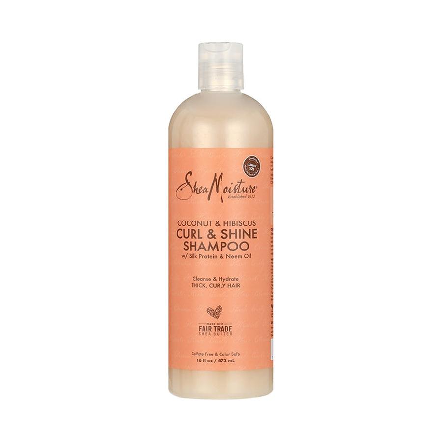 SHEA MOISTURE coconut hibiscus curl shine shampoo bottle with peach label for thick curly hair