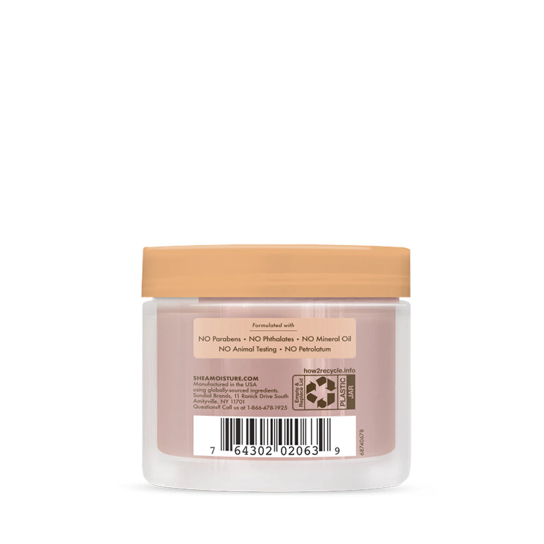SheaMoisture jar back view with beige lid showing ingredients label and barcode coconut hibiscus edge control gel