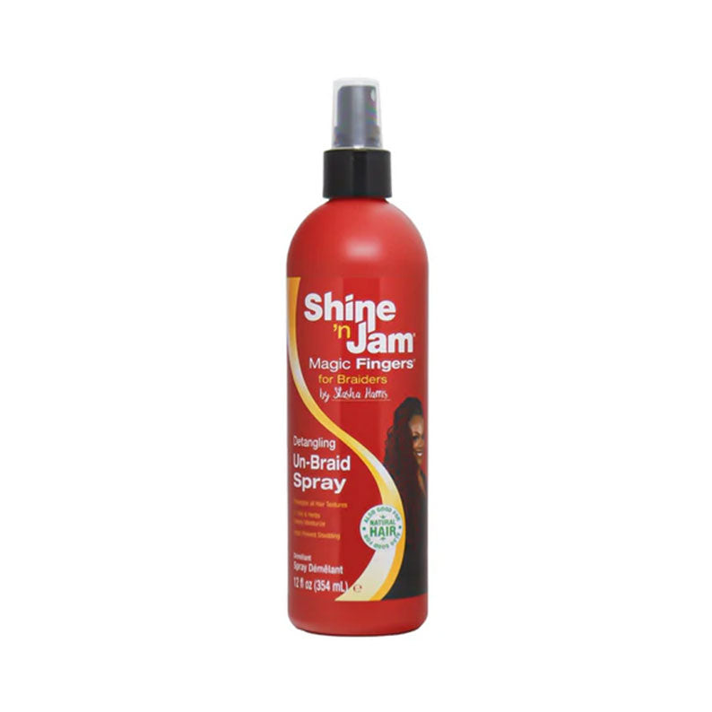 AMPRO Shine n Jam Magic Fingers Un Braid Spray red bottle braid detangling spray for braided hair