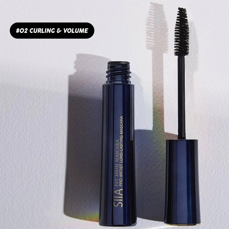 SIIA navy mascara tube and wand shown open on white background highlighting volumizing mascara for long lashes