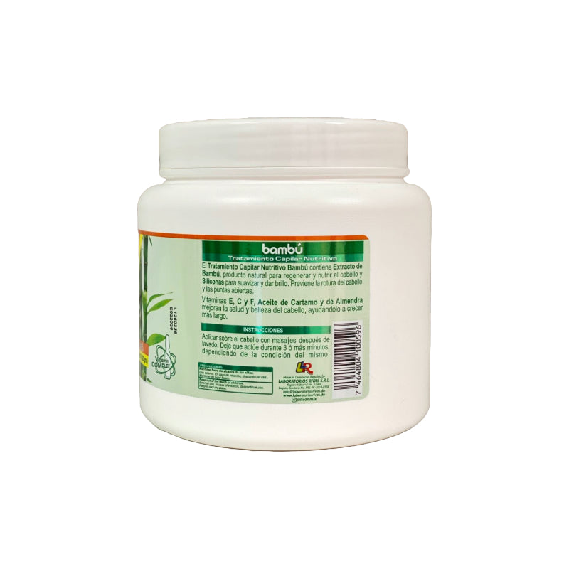Silicon Mix Bambu hair treatment white plastic jar back label showing product information and bamboo graphic
