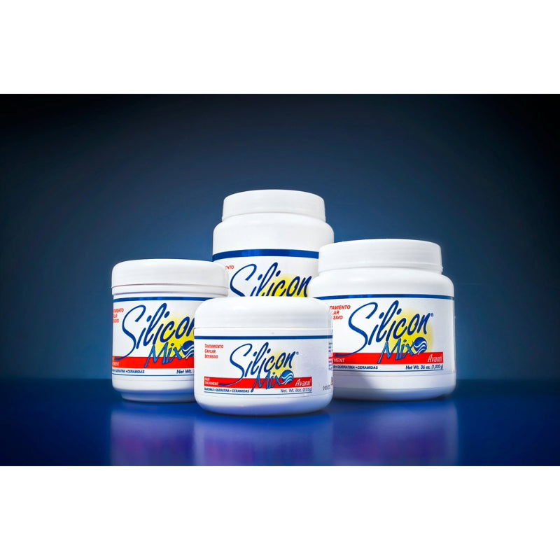 Silicon Mix hair treatment jars in various sizes white tubs with blue red labels on reflective surface
