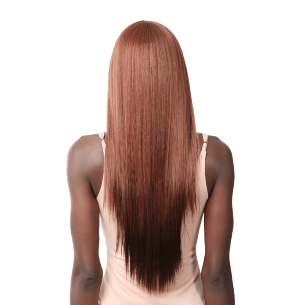 Back view of long straight auburn wig on model by ITS A WIG premium synthetic wig with bangs