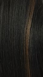 premium synthetic wig with bangs in natural black with subtle brown highlight and smooth straight texture