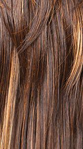 Close up of brown hair with honey highlights showing texture of premium synthetic wig with bangs for natural look