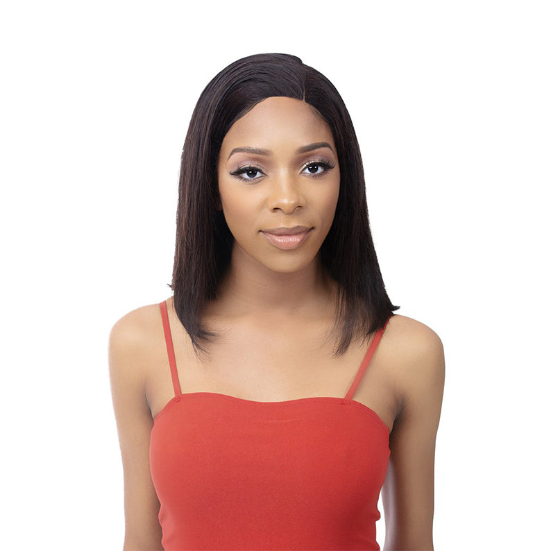 Model wearing 100% human hair bob wig 10 inch straight center part in dark brown shoulder length