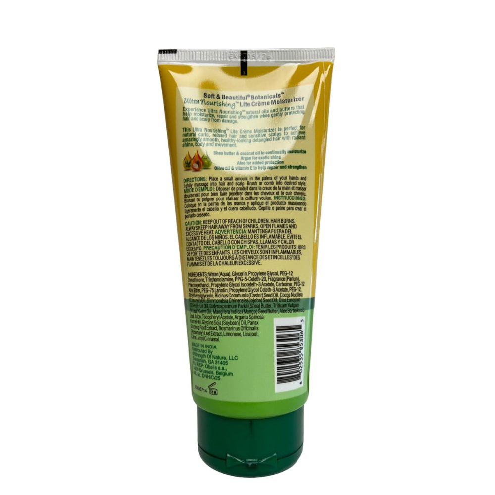 Soft and Beautiful lite creme moisturizer for hair tube back label with ingredients text barcode and green flip cap