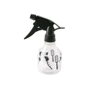 Annie spray bottle for hair styling with black trigger and clear body printed with hair tools