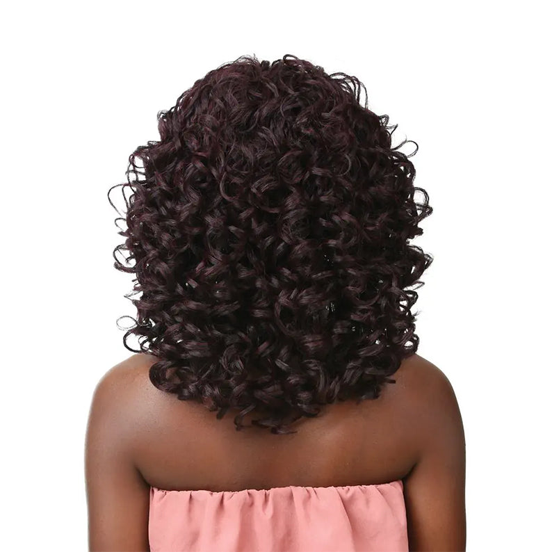 SENSATIONNEL instant fashion synthetic wig burgundy curly shoulder length style shown from back