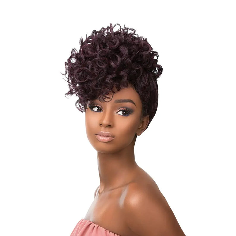 SENSATIONNEL short curly burgundy pixie updo with side swept fringe on model with strapless top instant fashion synthetic wig