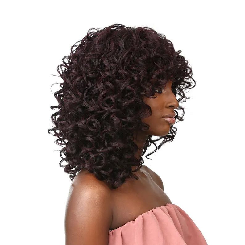 SENSATIONNEL instant fashion synthetic wig burgundy curly shoulder length with layered ringlets and side swept bangs