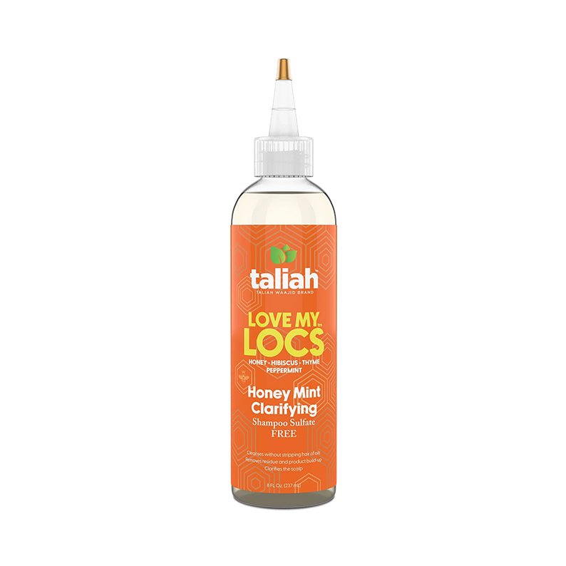 Taliah Waajid honey mint clarifying shampoo bottle Love My Locs orange label for locs and scalp care