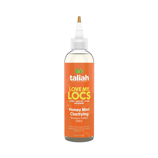Taliah Waajid honey mint clarifying shampoo bottle Love My Locs orange label for locs and scalp care