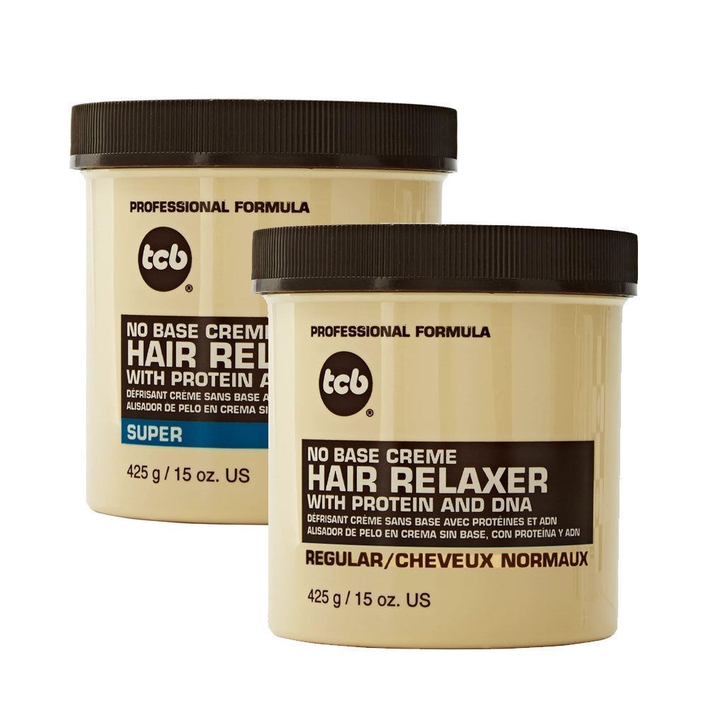 TCB no base relaxer hair cream in Super and Regular formulas with protein and DNA for smooth hair