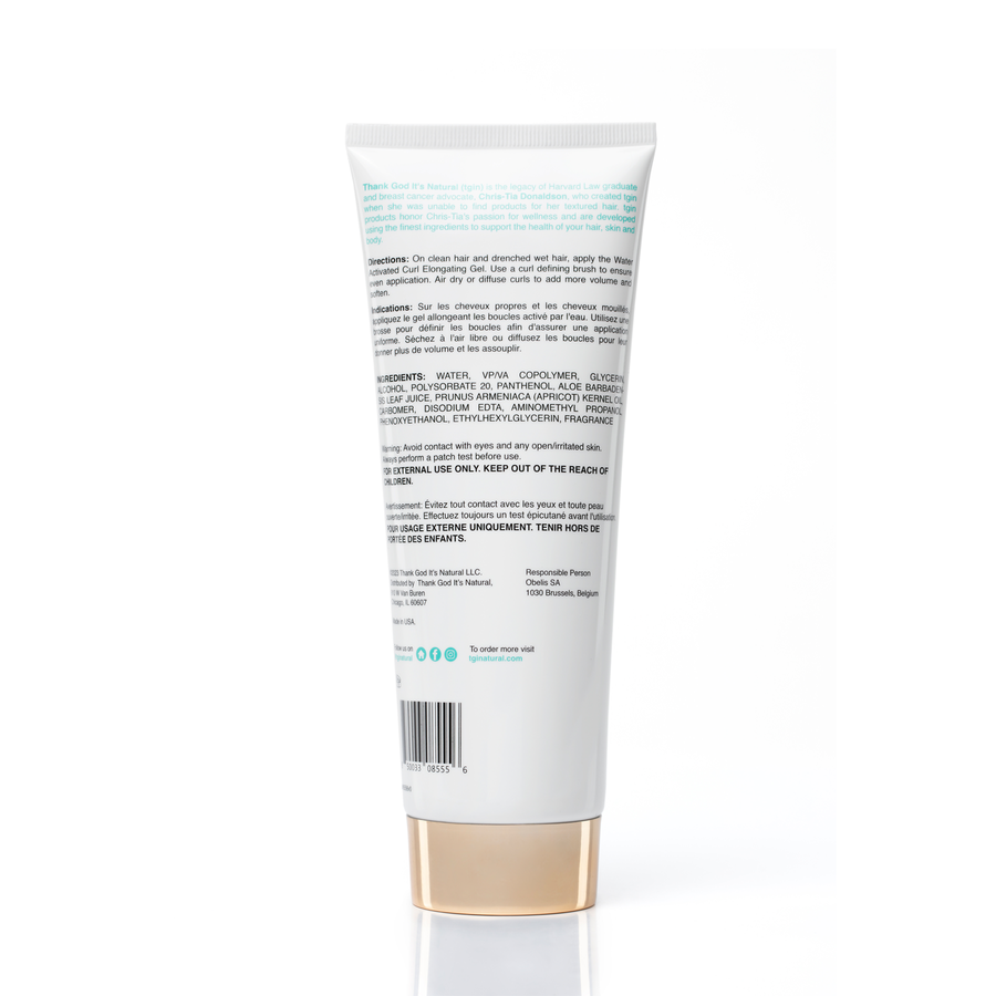 TGIN water activated curl gel white squeeze tube showing back label and gold cap with ingredients text