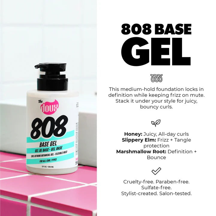 The Doux 808 Base Gel for curl defining base gel with honey and marshmallow root for frizz control