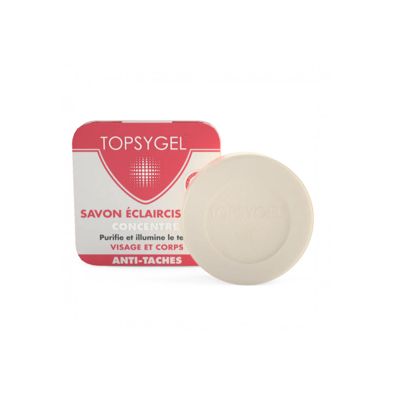 TOPSYGEL lightening soap for dark spots bar with round beige soap and pink white box for face and body