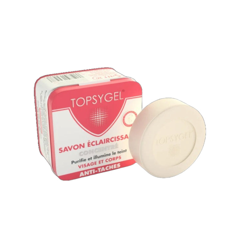 TOPSYGEL lightening soap for dark spots pink box and round white bar for face and body skincare