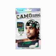 NICKA K deep green camo durag silky spandex 36 inch extra long tail shown on model in retail packaging