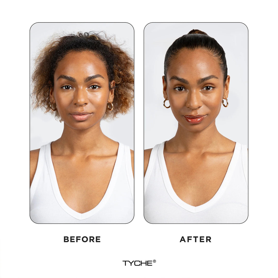 NICKA K before and after showing sleek edges and smooth ponytail with extreme hold edge control gel