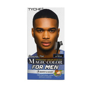 Box of jet black hair dye for men showing male model with short cut comb applicator and shea butter