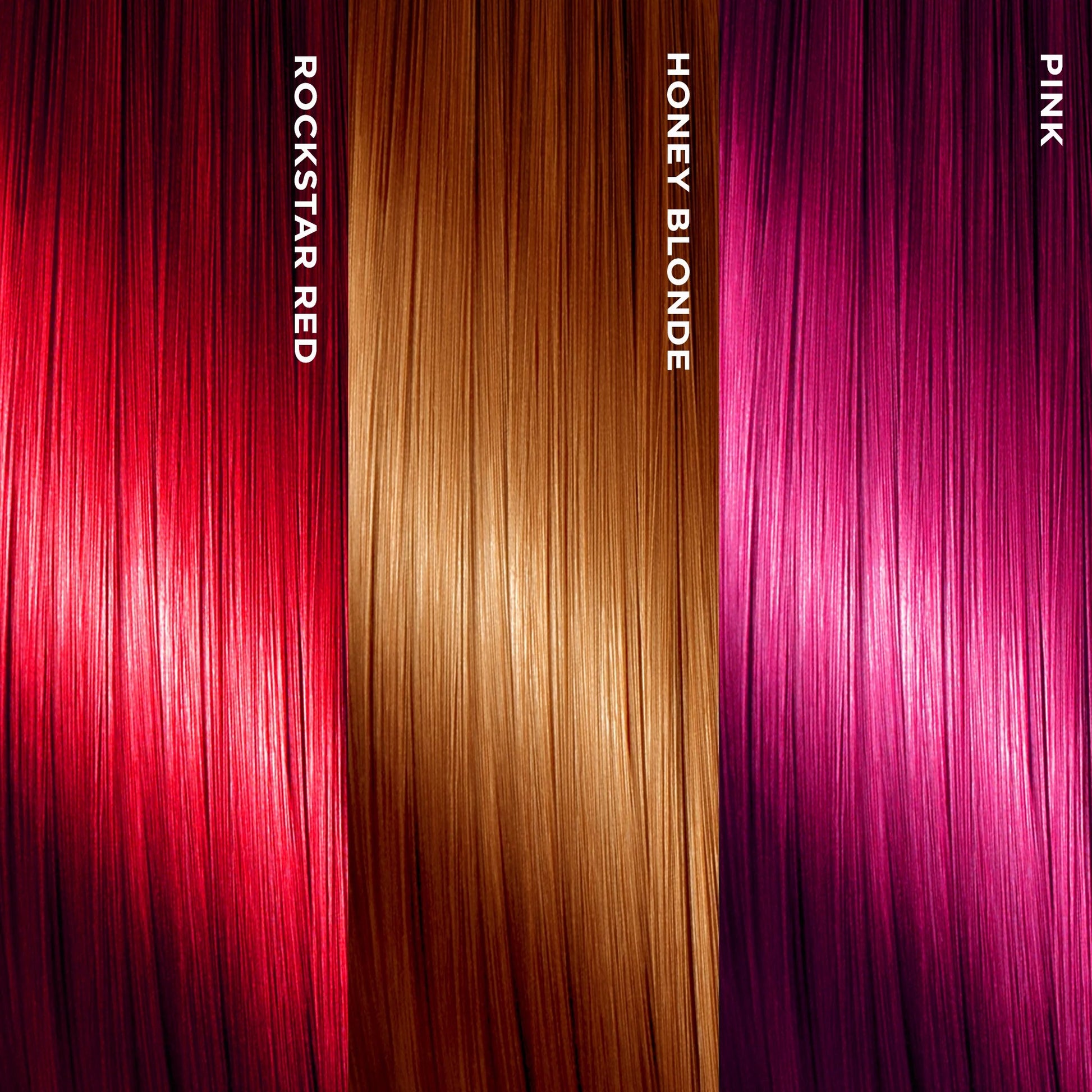 NICKA K hair color swatches showing rockstar red honey blonde and pink using pink temporary hair color spray