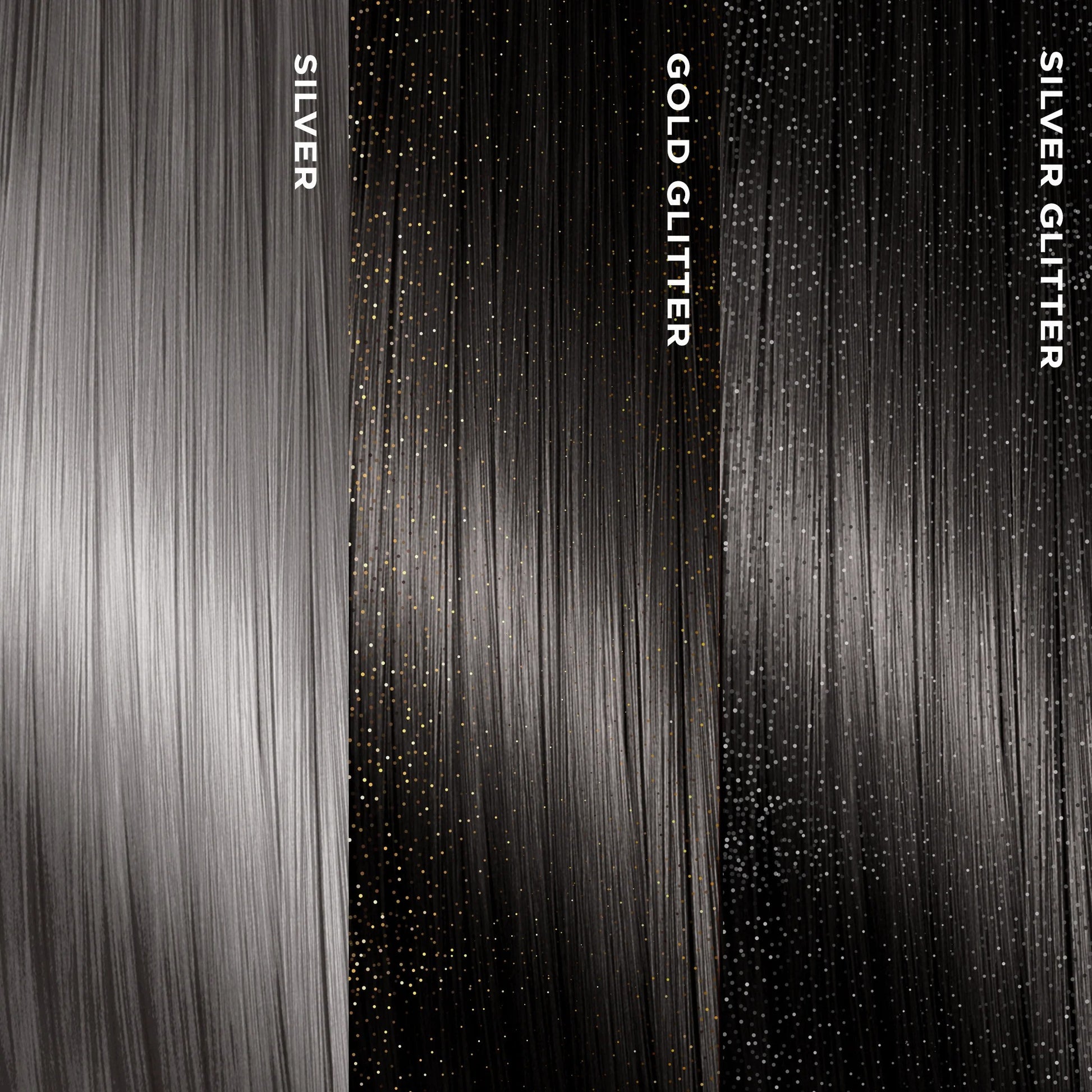 NICKA K hair swatches showing metallic silver gold glitter and silver glitter hair color spray effects