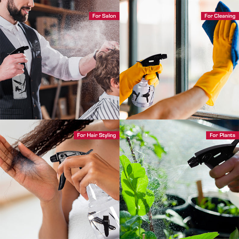 Clear spray bottle for hair by RED BEAUTY by KISS used for salon, cleaning, hair styling, and plant care
