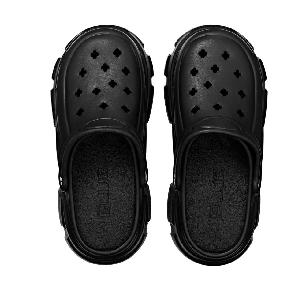 RED BEAUTY by KISS black air clog sandals top view pair with ventilation holes and adjustable heel straps