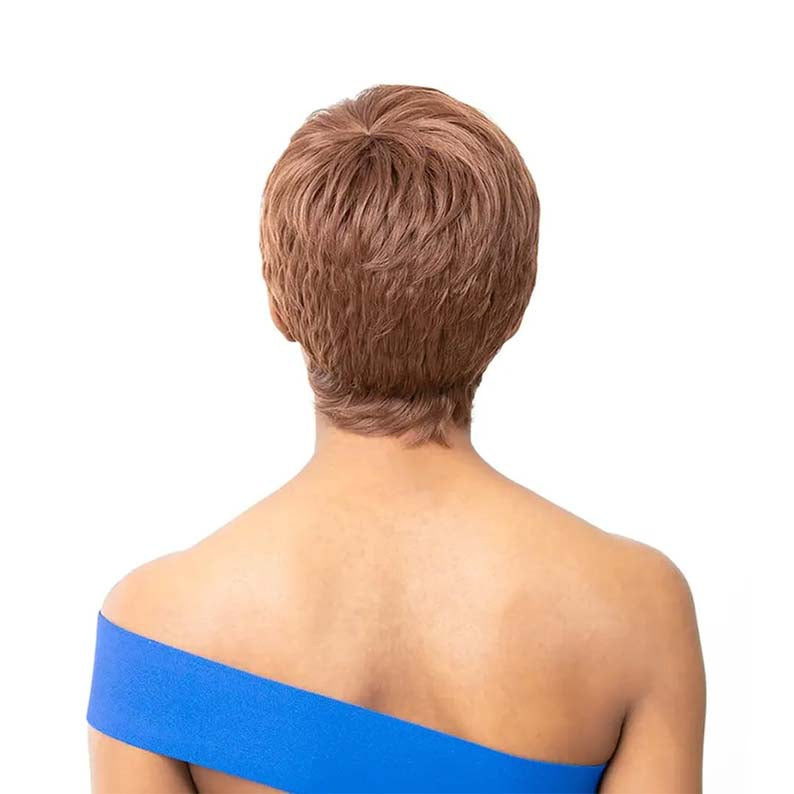 ITS A WIG short light brown pixie style synthetic full cap wig shown from back with tapered nape and layered texture