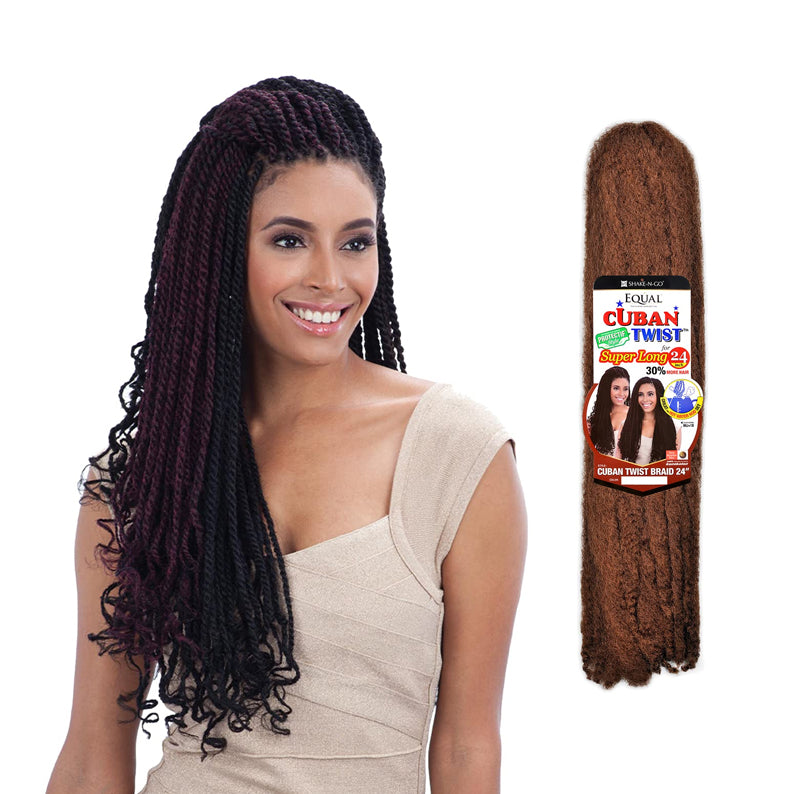 SHAKE N GO Cuban twist braid hair extensions shown in dark brown worn by woman with long curly braids