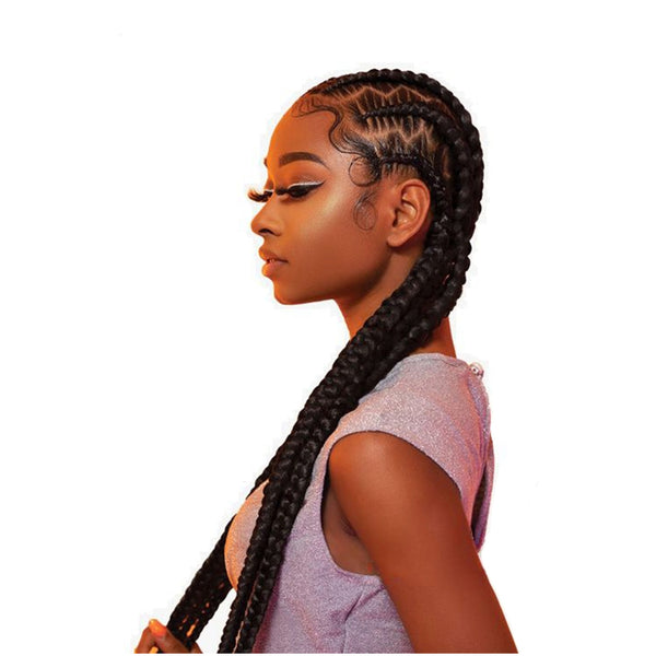 Sensationnel pre-stretched braiding hair 58 inch styled in long neat braids on a woman