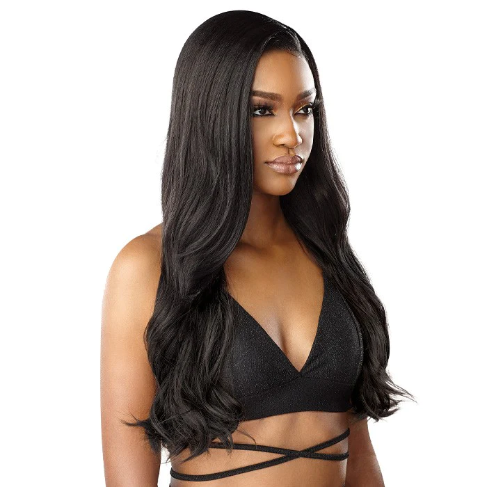 SENSATIONNEL HD lace wig long black natural hairline with center part and soft loose waves on model
