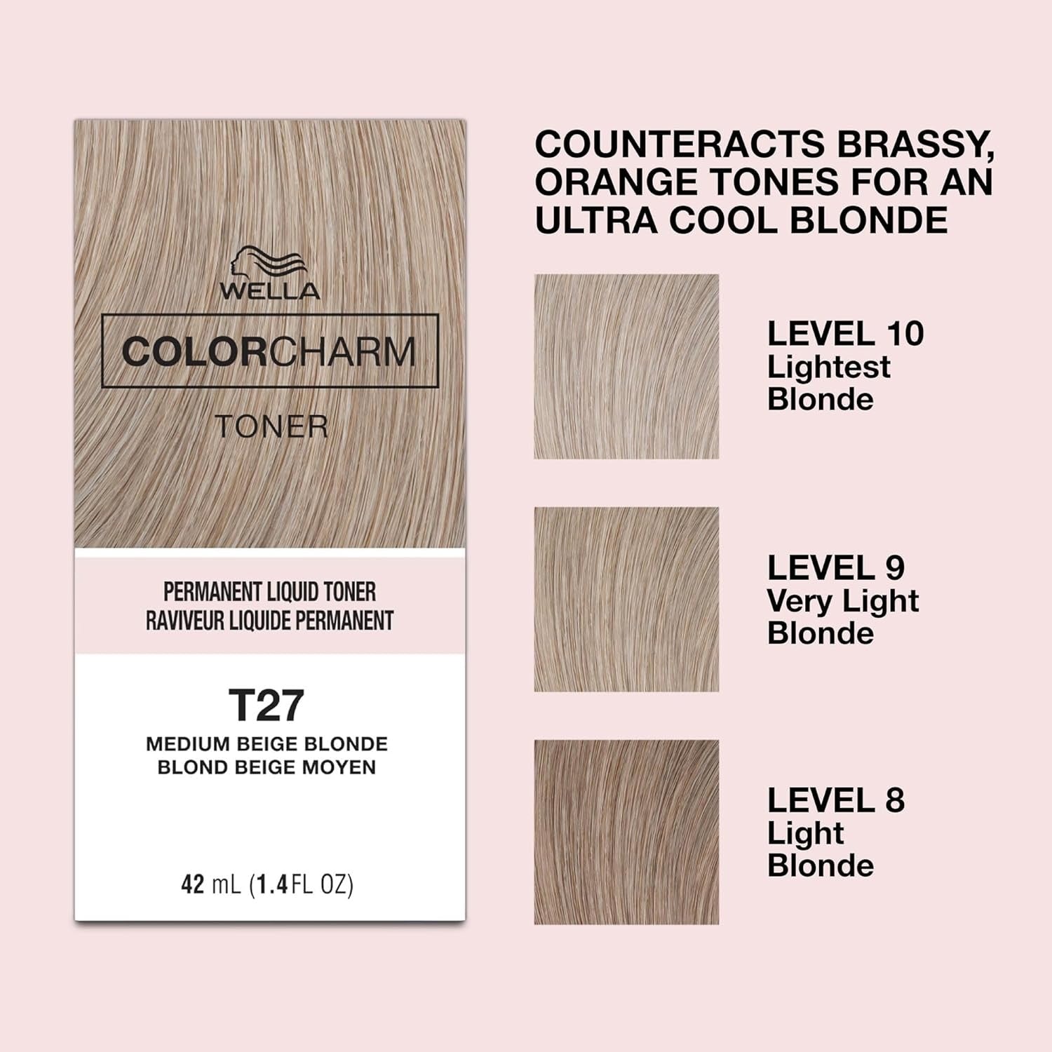Wella ColorCharm T27 medium beige blonde hair toner box showing shade swatches for levels 8 to 10